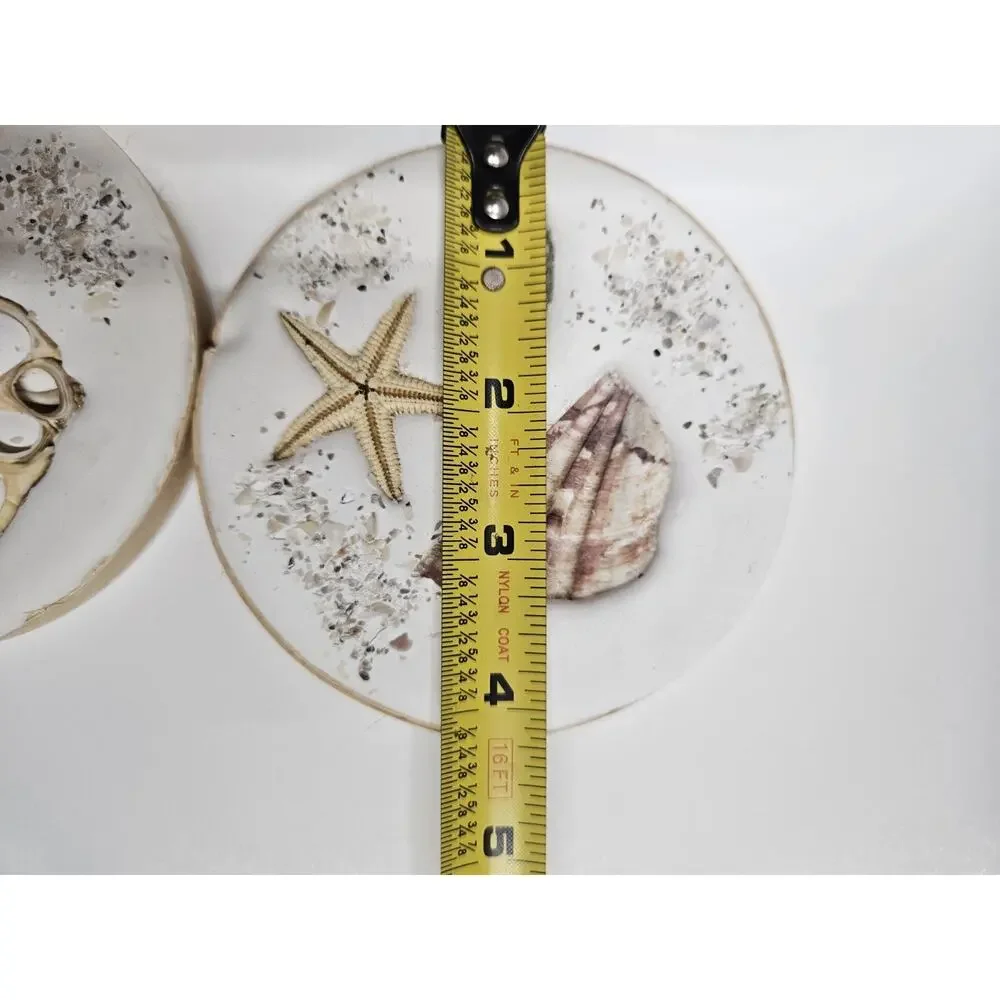 4 Beach Coasters Coastal Decor Seashells Sand Sea Glass 4.25” Round Cork Back